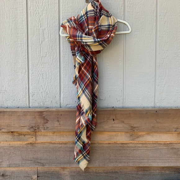 Vintage super soft checkered plaid neutral tone frayed hem blanket throw scarf - Picture 7 of 10